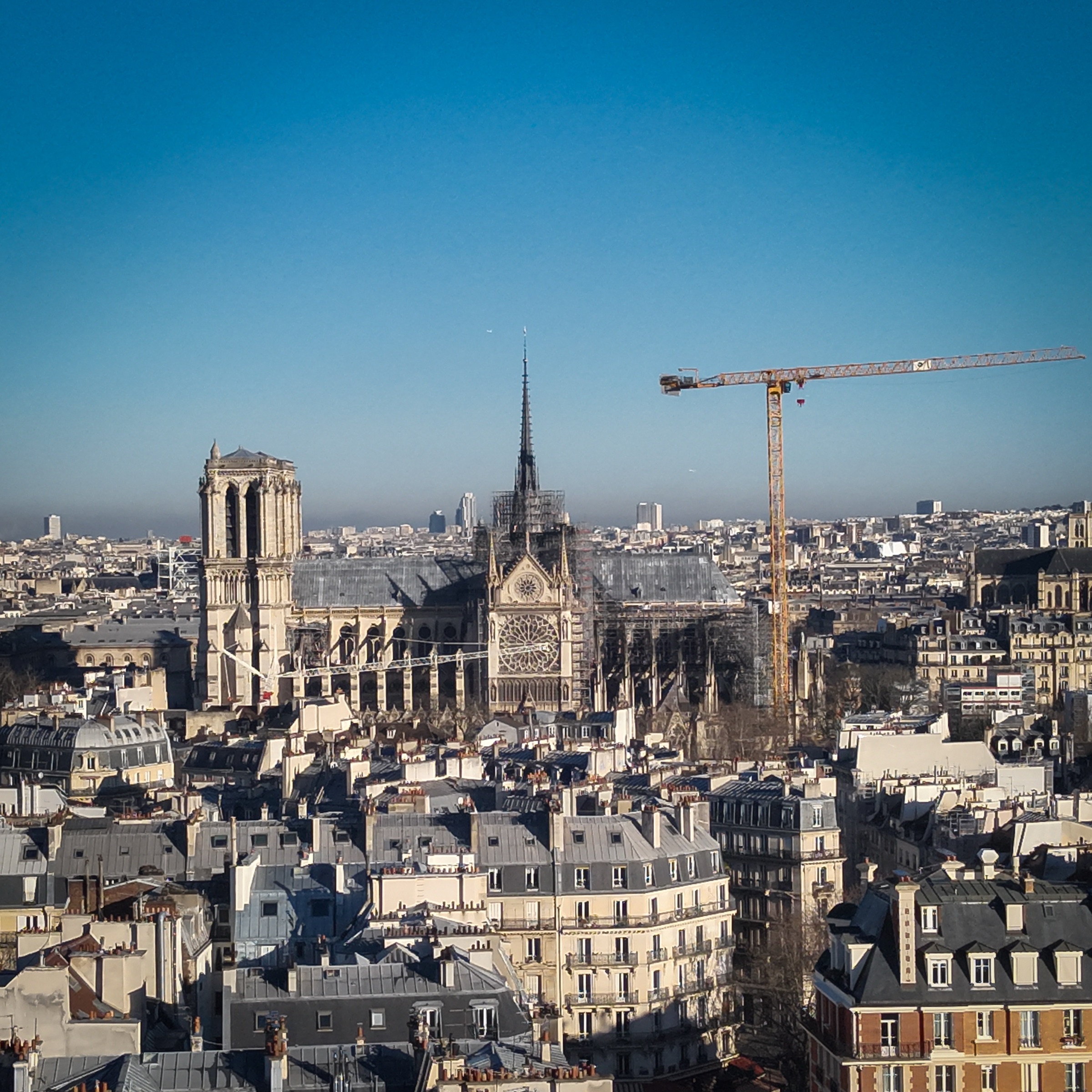 Notre-Dame de Paris en restauration vue depuis les toits du Quartier Latin